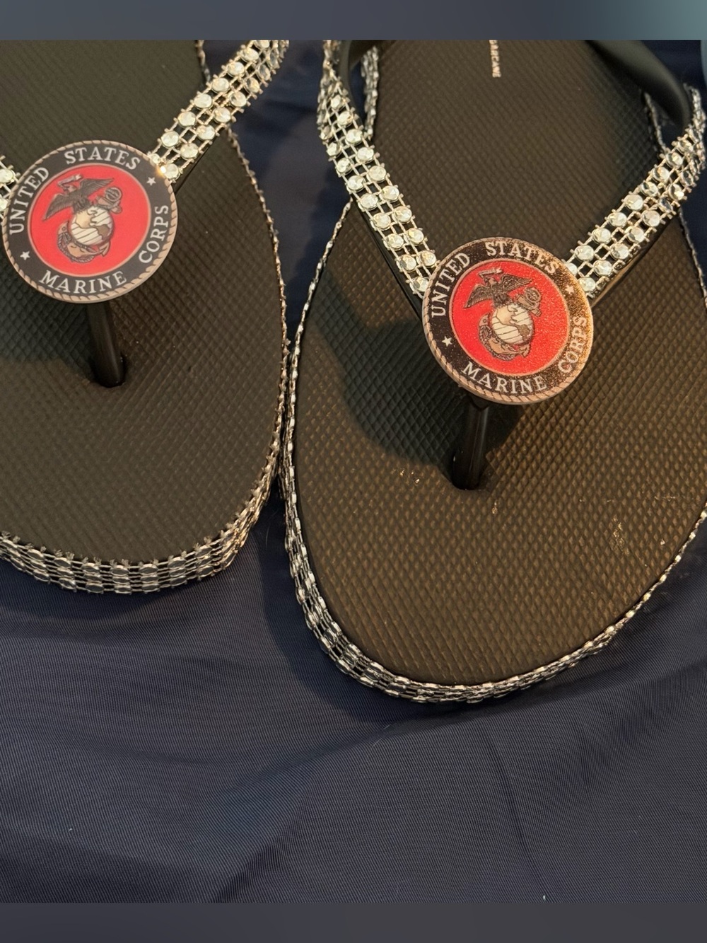 United States Marine Corps Black Rhinestone Flip Flop Sandals